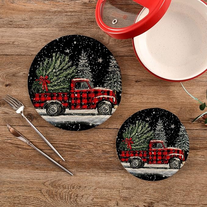 Christmas Tree Truck Trivets for Hot Dishes Pots and Pans Potholders Woven Trivet Cotton Round Large Pot Holder Decor Heat Resistant Hot Pads Mat for Table Counter Cooking Potholder Set of 2
