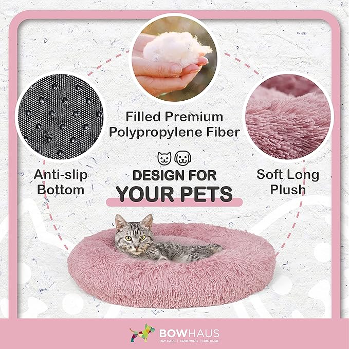 BOWHAUS 24/30 Inch Calming Donut Pet Bed for Small/Medium Cats and Dogs, Anti-Slip Bottom, Washable, Anti-Anxiety Fluffy Round Cat Bed, Indoor Shaggy Cuddler Cotton Candy Brown, Light Gray, Pink Bed