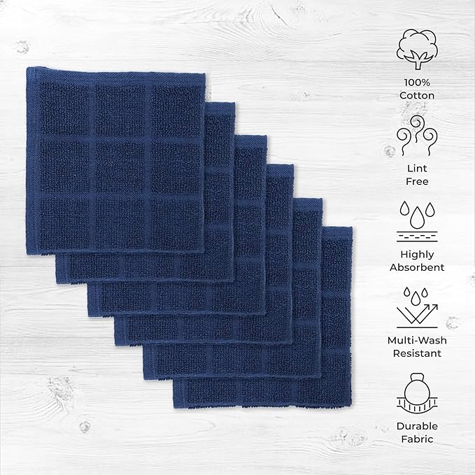 Mellow Buff 100% Cotton Terry Dish Cloth & Dish Towel, 6 Pack, Super Soft and Absorbent Kitchen Towels, Perfect for Kitchen Cleaning and Dish Washing (Navy Blue 6 Pack)