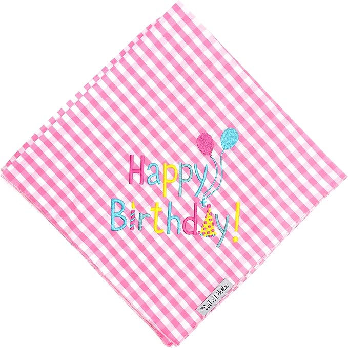 THE WORTHY DOG Classic Tie-Ir Dog Bandana – Soft Cotton Flannel Square Pet Bandana, Happy Birthday Pattern, Pink, Large
