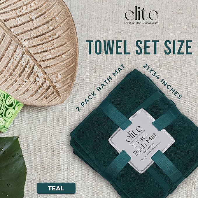ELITE Emporium Home Collection 2-Piece Cotton Bathroom Mat Set, 21" x 34" - 100% Cotton, Absorbent, Quick-Dry, Bath Towel Mats for Floor, Teal [Not a Bathroom Rug]