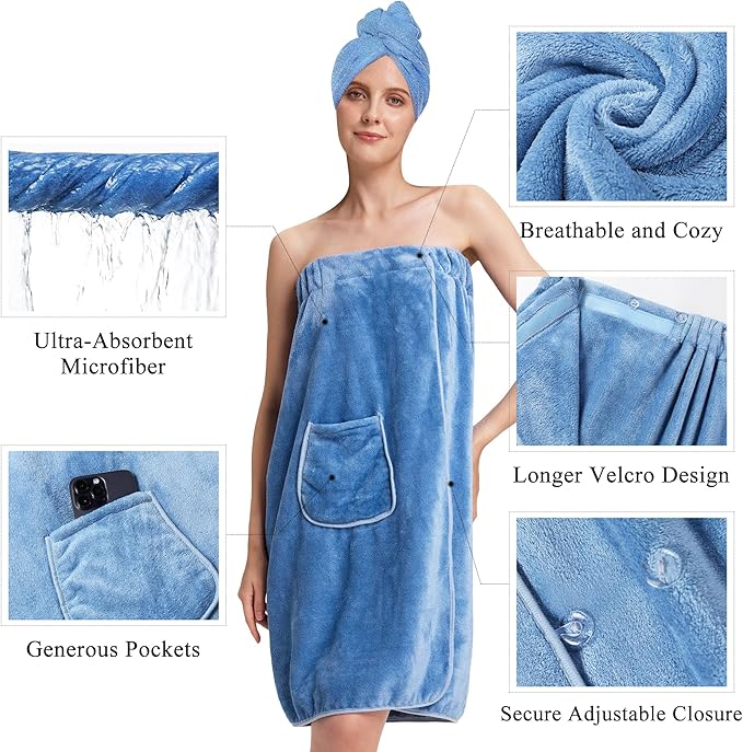 PJGGZ Towel Wrap for Women, Three Adjust Clasps Closure Bath Wraps After Shower Spa Sauna Bathrobe(Available in Plus Size)