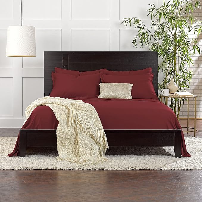 Pure Bamboo Split King Sheets, Genuine 100% Organic Viscose Derived from Bamboo Bed Sheet Set, Soft & Cooling, Double Stitching, 2 Fitted Sheets (Split King, Merlot)