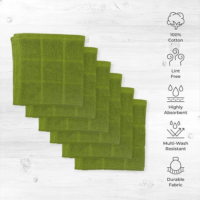 Mellow Buff 100% Cotton Terry Dish Cloth & Dish Towel, 6 Pack, Super Soft and Absorbent Kitchen Towels, Perfect for Kitchen Cleaning and Dish Washing (Green 6 Pack)