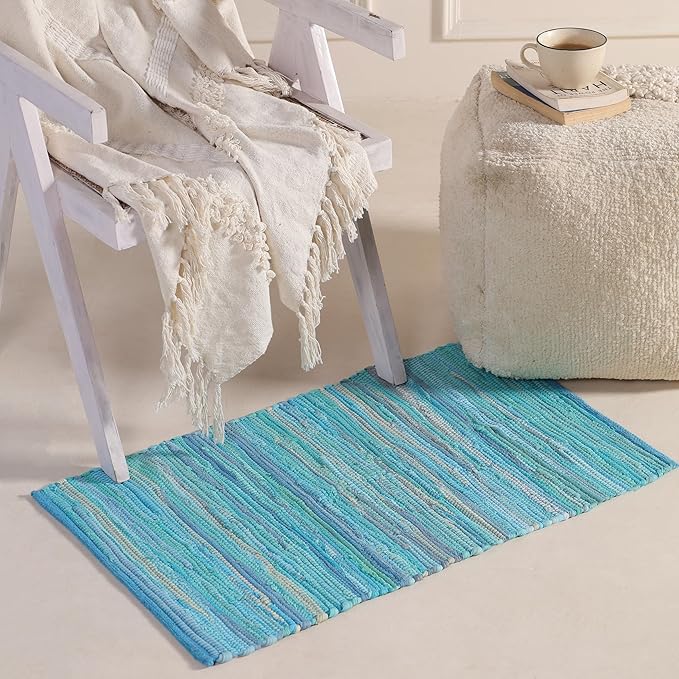 HOMEMONDE Teal Chindi Rug 20"x32" Recycled Soft Cotton Hand Crafted Reversible Boho Rag Rugs for Entyrway, Doormat, Kitchen, Bedroom, Living Room