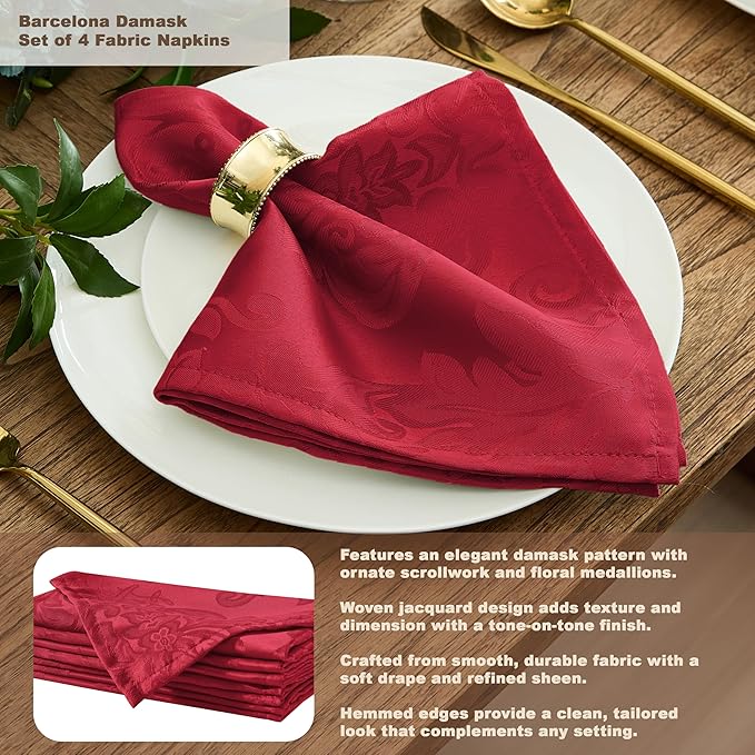 Newbridge Barcelona Damask Fabric Napkins, Set of 4, Red – No Iron, Soil Resistant Cloth Napkins for Dining, Parties and Holidays