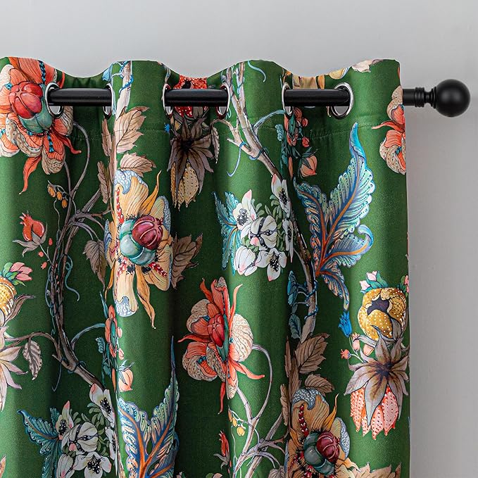 MYSKY HOME Floral Blackout Curtains 95 Inch Length Black Out Thermal Insulated Privacy Protect Vintage French Country Botanical Flower Printed Grommet for Living Room Dining Room, Pack-2, 52", Green