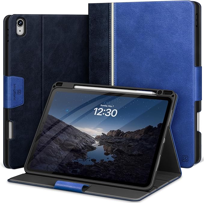 KingBlanc Case for iPad Air 13 inch (M3 2025/M2 2024) with Pencil Holder, Vegan Leather Protective Stand Cover, Auto Wake/Sleep, Multi-Angles for Viewing/Drawing, Supports Pencil Pro/(USB-C), Blue