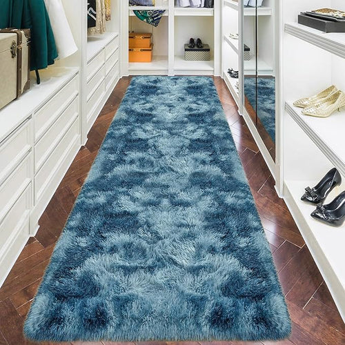 3x10ft Plush High Pile Blue Tie-Dyed Rug Fluffy Soft Runner Bedside Rug for Bedroom Living Room Hallway Nursery Kids Home Decor Shag Carpet