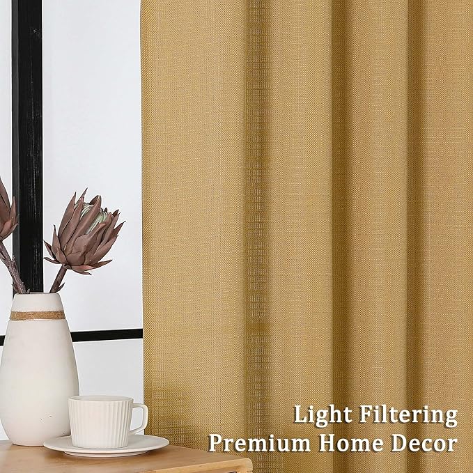 Lecloud Bessie Gold Curtains 54 Inch Length 2 Panels Set, Light Filtering Curtains Faux Linen Textured Drapes for Bedroom Living Room, Soft Airy Rod Pocket Window Treatments, Each 30 W x 54 L