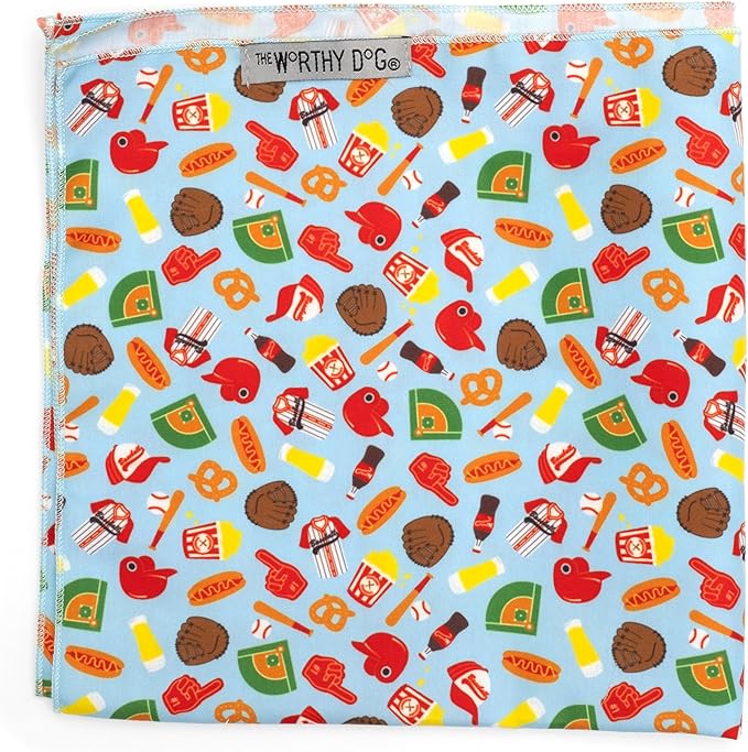 THE WORTHY DOG Classic Tie-Un Dog Bandana – Soft Cotton Flannel Square Pet Bandana, Home Run Pattern, Blue, Large