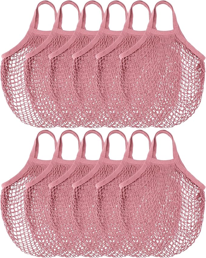 Eccliy 12 Pcs Reusable Mesh Grocery Bags Portable Cotton Produce Containers Washable Net Mesh Tote Bag Handle String Shopping(Pink)