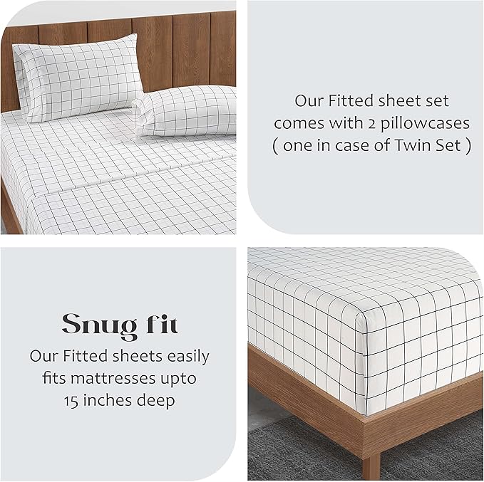 LANE LINEN Twin XL Fitted Sheet, 100% Organic Cotton 2-Piece Set (1 Fitted Sheet, 1 Pillowcase), Percale Weave, Lightweight, Soft, Breathable, Fits Mattress Upto 15" Deep - Windowpane (No Flat Sheet)