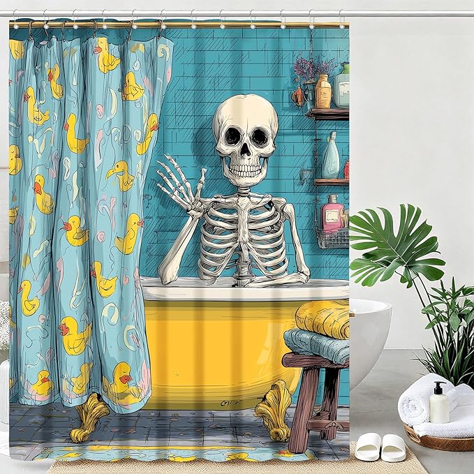 mutakin Funny Gothic Skull Shower Curtain Spooky Skull in Bathtub Shower Curtains for Bathroom Waterproof Fabric Bath Curtain Decor with Hooks