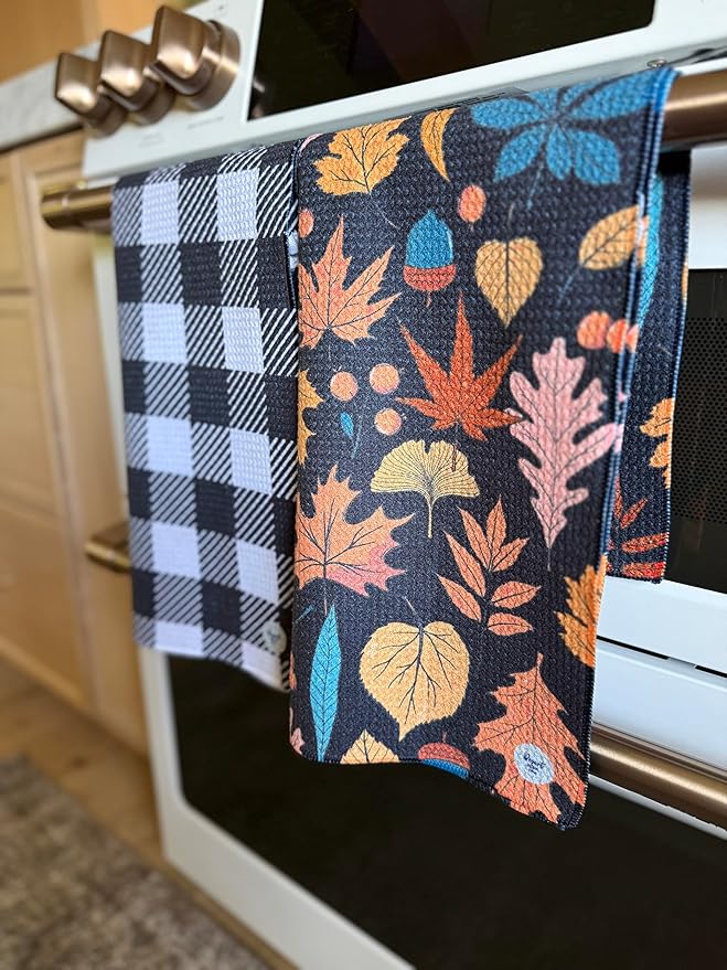 Desert Aqua 2 Pack || Double Sided|| Not Your Ordinary Kitchen Towels || Dish Towels || Quick Dry || Waffle Weave Microfiber || Designer Prints || Highly Absorbent || Hanging Hook (Fall Leaves Black)