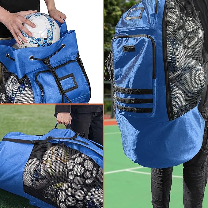 Fitdom Heavy Duty XL Soccer Mesh Equipment Ball Bag w/Adjustable Backpack Shoulder Strap Design for Coach. 2 Different Size Front Pockets for Sporting Accessories.