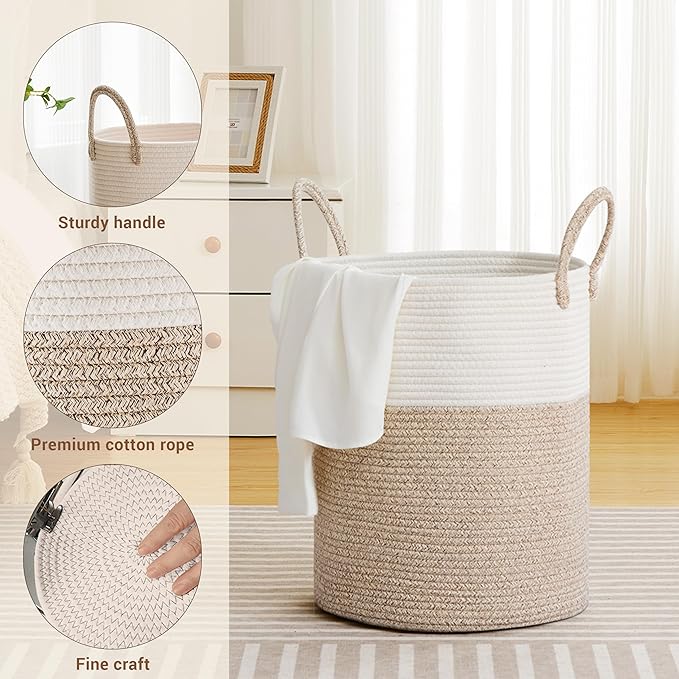 SunNewt Tall Laundry Basket with Handles, 53L Portable Dirty Clothes Hamper, Boho Cotton Rope Storage Bin for Blankets Kids Toys Gifts, Decorative Organizer for Baby Nursery Bedroom Bathroom, Brown