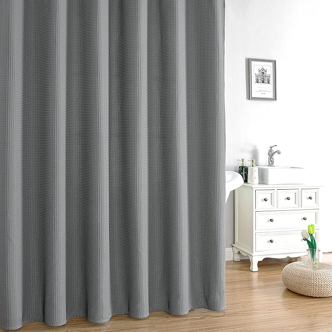 MISS SELECTEX Fabirc Shower Curtain for Bathroom, 230GSM Matt Waffle Water Repellent Durable Fabric Spa Hotel Shower Curtain, Machine Washable Cloth Shower Curtain(72Wx84H,Grey)