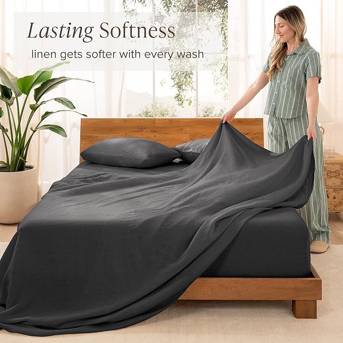 Bare Home Full Sheet Set - Luxury 100% European Linen - Deep Pockets - Easy Fit - 4 Piece Set - Bedding Sheets & Pillowcases (Full, Dark Grey)