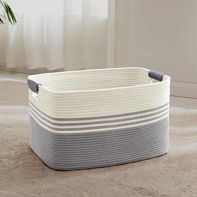 SunNewt 60L Large Laundry Basket with Leather Handles for Living Room Storage, Woven Rope Baskets Bin for Blanket, Kids Toy, Gifts, Wicker Hamper for Bedroom Dirty Clothes, 21"x15"x11" White Grey