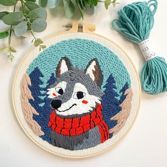Myfelicity Punch Needle kit, a Beginner Set with Wolf Pattern Design, Suitable for Beginners and Adults with 7.9-inch Hoop