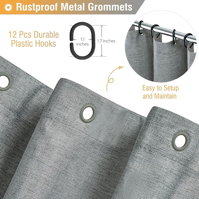 BTTN Grey Fabric Shower Curtain, 230GSM Linen Textured Heavy Duty Cloth Shower Curtain Set with Hooks, Waterproof Neutral Weighted Hotel Luxury Decorative Shower Curtains for Bathroom(Gray, W72xH72)
