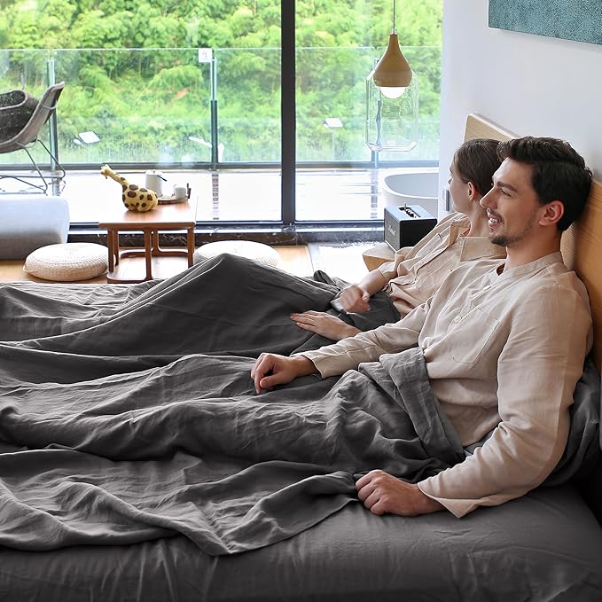 Simple&Opulence Belgian Linen Sheet Set Solid Color - 4 Pieces (1 Flat Sheet, 1 Fitted Sheet & 2 Pillowcases) Natural Flax Cotton Blend Soft Breathable Farmhouse Bedding - King Size, Dark Grey