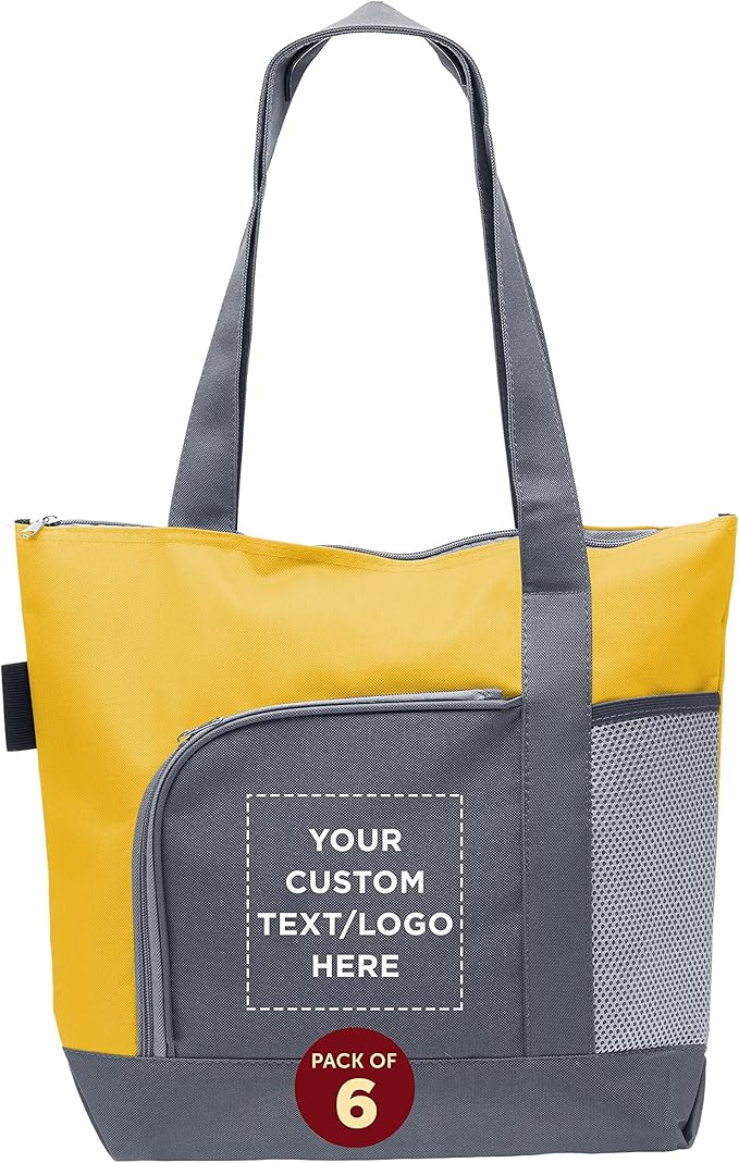 DISCOUNT PROMOS Custom Go Getter Sport Tote Beach Bags Set of 6, Personalized Bulk Pack - Reusable, Great for Shopping, Beach, Picnic, Other Outdoor Adventure - Yellow