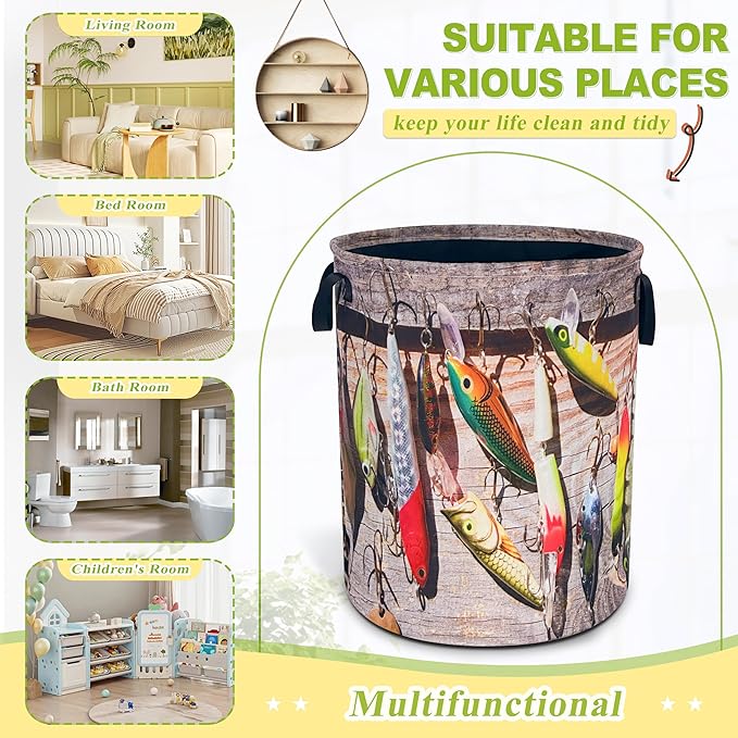 Fishing Laundry Basket Funny Fish Foldable Waterproof Oxford Cloth Tote Bag Laundry Hamper Round Large Clothes Storage Bucket Toy Organizer For Bathroom/Laundry Storage/Bedroom 18.9x16.5 Inch