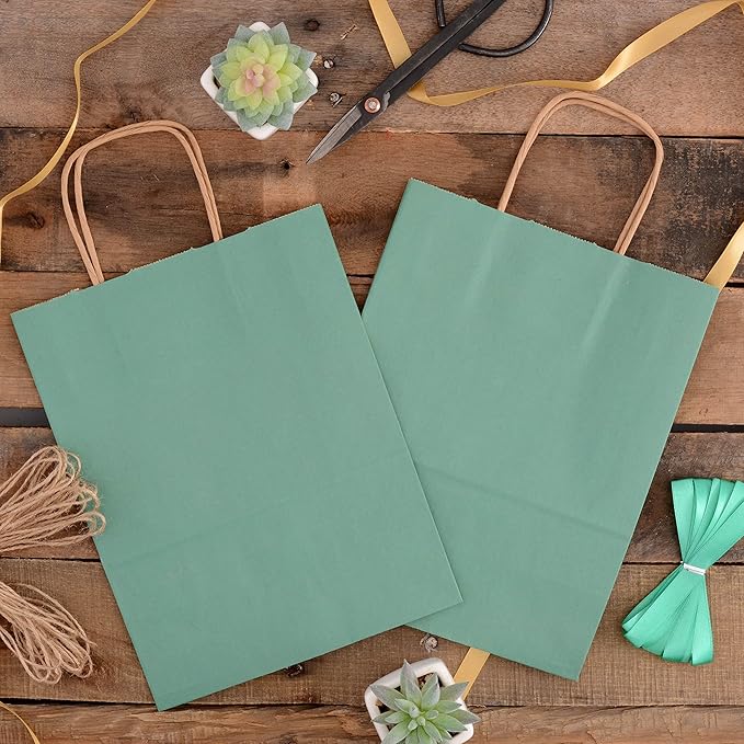Prime Line Packaging Green Gift Bags, Small Paper Bags with Handles for Gifts, Holidays, Christmas, Party Favors, Shopping, Small Business, Bulk, 8x4x10, 50 Pack