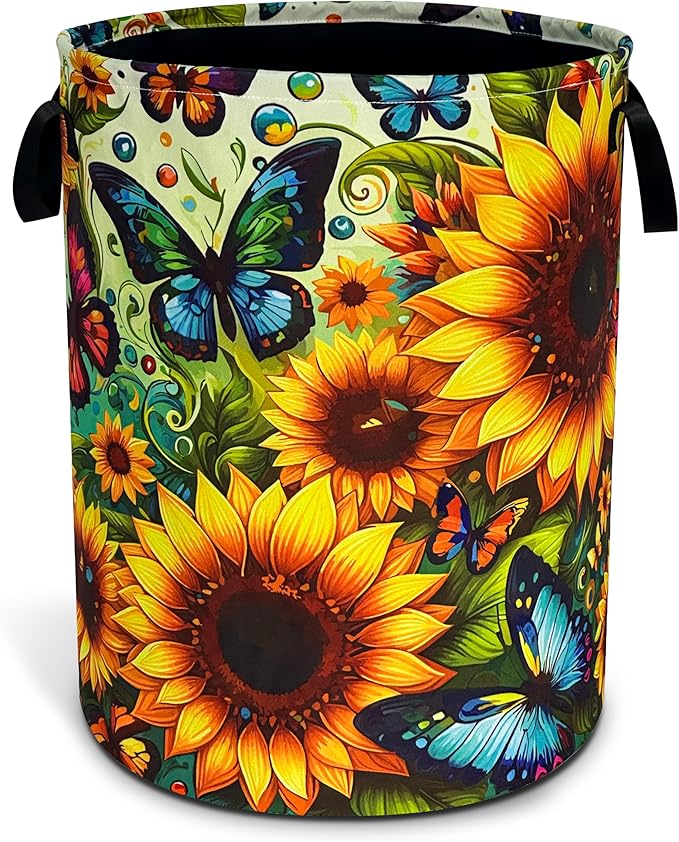 Beautiful Butterfly Sunflower Laundry Basket Oxford Cloth Laundry Hamper With Handle Foldable Portable Clothes Storage Basket 18.9 X 16.5 In Storage Bag For Laundry Room/Bathroom/Bedroom/Dormitories