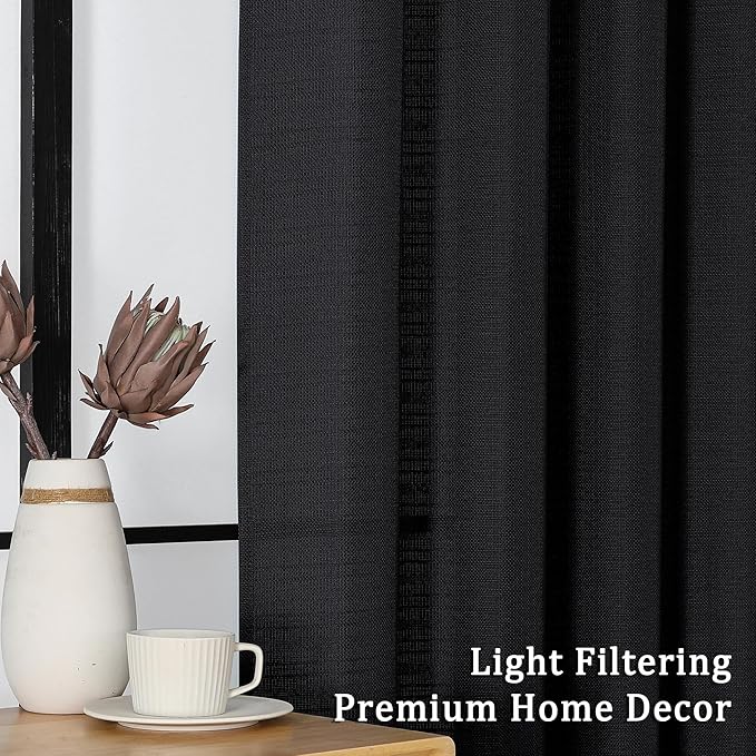 Lecloud Bessie Black Curtains 45 Inch Length 2 Panels, Light Filtering Burlap Window Curtains for Living Room, Rod Pocket Faux Linen Curtain Drapes, Each 30 W x 45 L