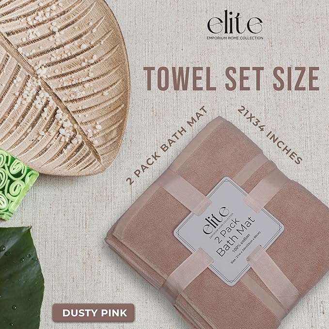 ELITE Emporium Home Collection 2-Piece Cotton Bathroom Mat Set, 21" x 34" - 100% Cotton, Absorbent, Quick-Dry, Bath Towel Mats for Bath Floor, Dusty Pink [Not a Bathroom Rug]