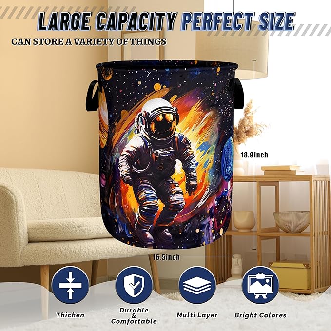 Funny Astronaut Laundry Hamper Oxford Cloth Colorful Universe Planet Laundry Basket With Handle Portable Clothes Storage Basket Foldable Laundry Bag 18.9"x16.5" For Laundry Room/Bedroom/Bathrooms
