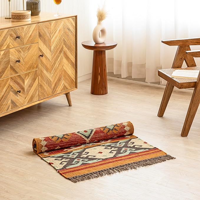 Jute Traditional Kilim Rug Boho Flatweave Area Rug for Living Room, Living Room Entryway, Tribal Series, 2'6"x8'