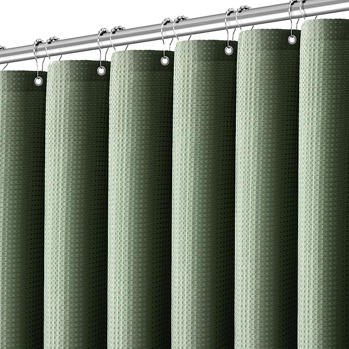 PANGSINNE Waterproof Fabric Shower Curtain Extra Long Waffle Weave Heavy Duty Bathroom Shower Curtain Set, 256GSM Weighted Thick Shower Curtain with 12 Rust-Resistant Hooks,72Wx90H Sage Green