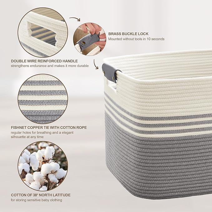 SunNewt 100L Extra Large Laundry Basket with Leather Handles for Living Room Storage, Woven Rope Baskets for Blanket, Kids Toy, Gifts, Wicker Hamper for Bedroom Dirty Clothes, 24"x16"x16" White Grey