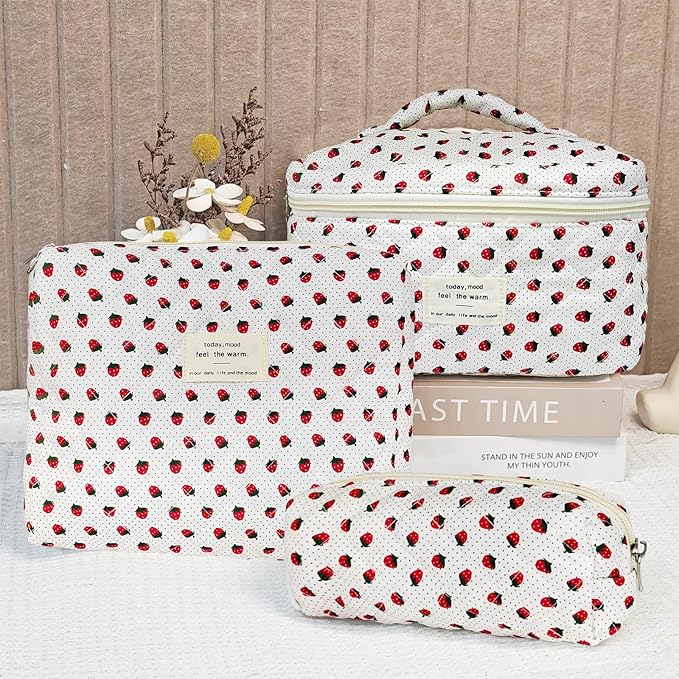 Cozomga Quilted Makeup Bag, Large Capacity Travel Cosmetic Bag for Women and Girls, Aesthetic Storage for Daily and Travel Use (3pcs-Wildstrawberry)