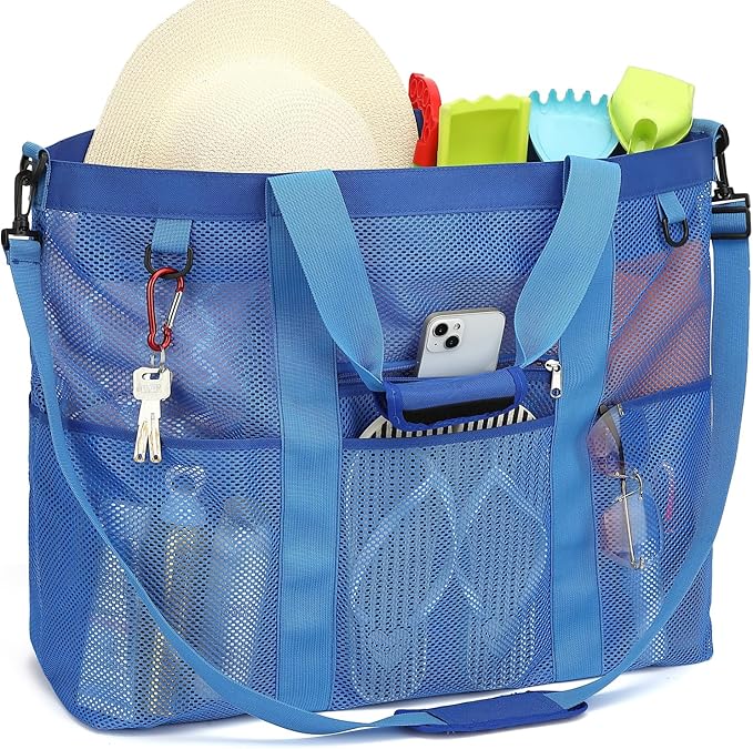 Fammart Mesh Beach Bag, Large Beach Tote with Zipper Pocket for Family Pool Bag for Toys & Vacation Essentials