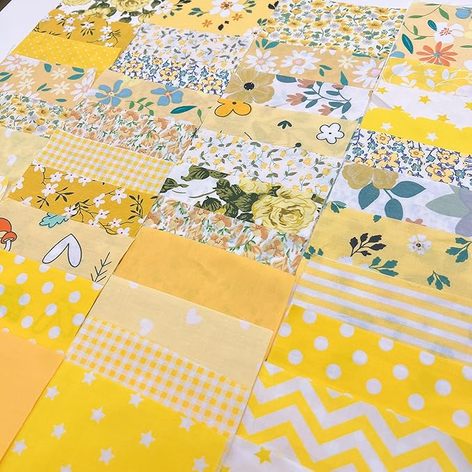 42Pcs 9.8" x 9.8"(25 * 25CM) Cotton Fabric DIY Making Supplies Quilting Patchwork Fabric Fat Quarter Bundles DIY for Quilting Cotton Patchwork Cushions (Yellow, 9.8" x 9.8")