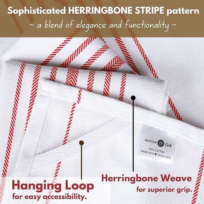 Native Fab 100% Cotton Kitchen Dish Towels 12 Pack Scandia Stripe 16"x26" - Herringbone Weave Tea Towels, Dish Cloths for Drying Dishes, Absorbent Towels Set with Hanging Loop - Red White