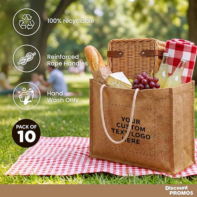 DISCOUNT PROMOS Custom Jute Bags with Rope Handle Set of 10, Personalized Bulk Pack - Reusable, Great for Shopping, Grocery, Promotional or Tradeshow - Natural