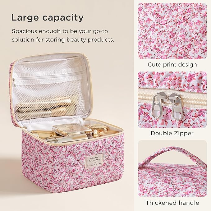 HBselect Christmas Gifts Large Quilted Makeup Bag, Cute Cotton Travel Makeup Bag with Handle, Portable Coquette Floral Make up Bags, Toiletry Organizer Make up Bags for Women Teen Girls Mom