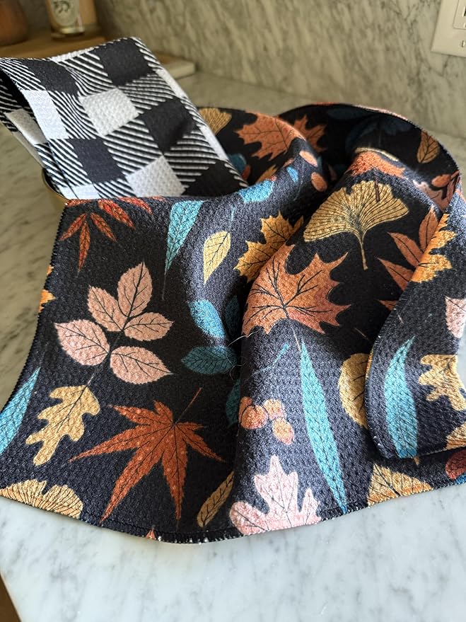 Desert Aqua 2 Pack || Double Sided|| Not Your Ordinary Kitchen Towels || Dish Towels || Quick Dry || Waffle Weave Microfiber || Designer Prints || Highly Absorbent || Hanging Hook (Fall Leaves Black)
