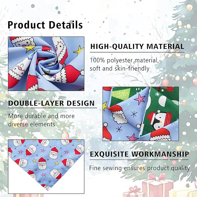 Christmas Dog Bandanas Reversible 2 Pack Small, Red Santa Claus Snowman Snowflakes Christmas Pet Bandanas Set Adjustable Triangle Winter Xmas Holiday Scarves for Small Medium Boy Girl Dogs