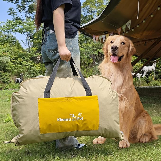 Portable Waterproof Dog Mat for Camping, Patio & Travel - Foldable Outdoor Dog Bed with Teflon Shell & Removable Plush Pad - Easy Clean, Durable - S (Hemp Grey)