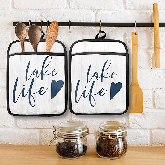 Lake Life Gifts Pot Holders with Pockets, Lake Life House Gifts for Cabin Owners Women Oven Pot Holders Heat Resistant Oven Mitts Hot Pads for Kitchen Baking Cooking (White)
