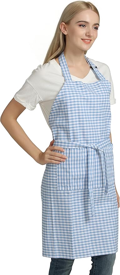 Vintage Gingham Kitchen Aprons Chef Bib Canvas Aprons Christmas Holiday Home Decorative 100% Pure Cotton Aprons in Large Size with Pockets Adjustable Neck Strap Long Ties Aprons(Blue)