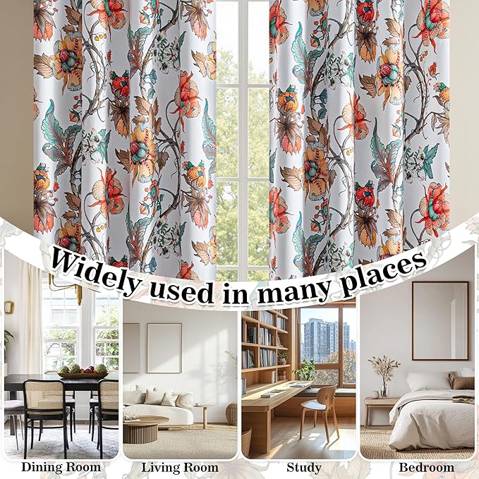 MYSKY HOME Floral Blackout Curtains 63 Inch Long 2 Panels Set for Bedroom Thermal Insulated Light Blocking Black Out Drapes Printed Flower Vintage Style Grommet Window Treatments, 52"W, Greyish White