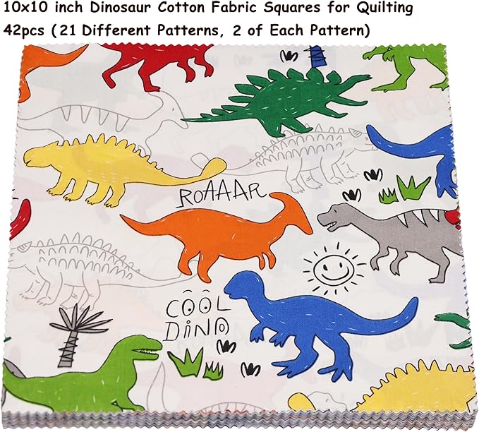 Hanjunzhao Dinosaur Cotton Fabric Squares 10x10, Dinosaurs Layer Cake Fabric Clearance for Quilting 10 inch, Layer Cakes 10 inch Squares for Quilting, Baby Boy Blanket, Room Decor, and Crafts